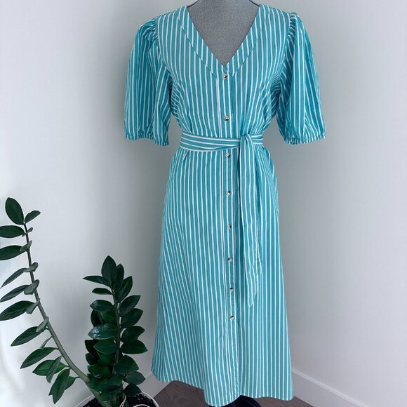 Women's Cotton Puff Sleeve Midi/Maxi Shirt Dress sz L. - Green & White - Picture 1 of 13